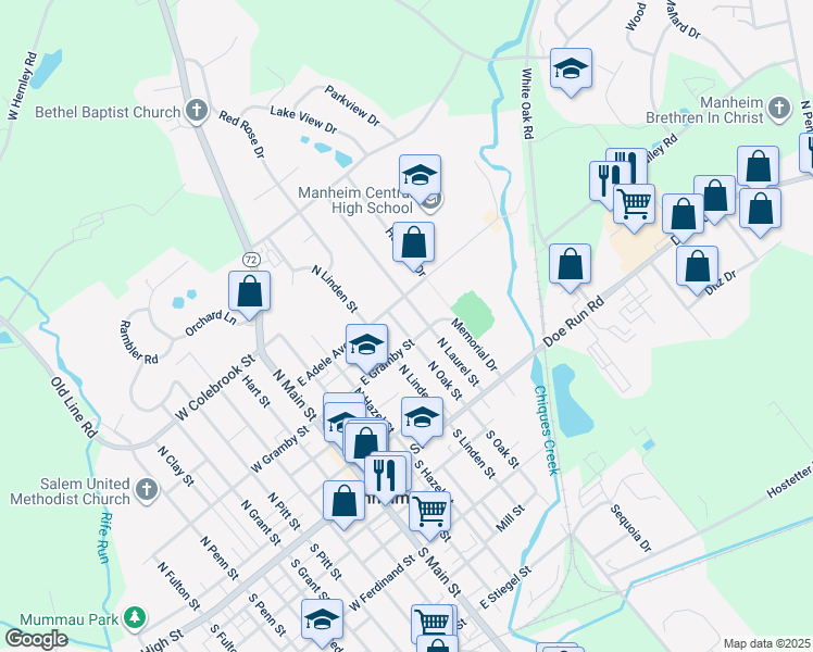 map of restaurants, bars, coffee shops, grocery stores, and more near 117 North Oak Street in Manheim