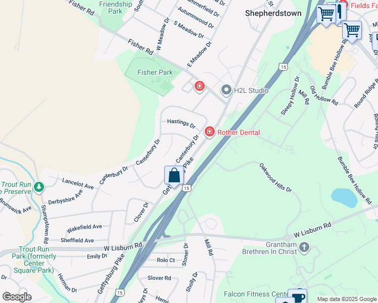 map of restaurants, bars, coffee shops, grocery stores, and more near 2148 Canterbury Drive in Mechanicsburg