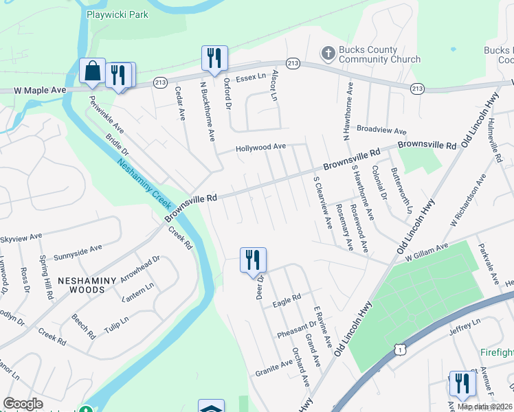map of restaurants, bars, coffee shops, grocery stores, and more near 143 South Walnut Terrace in Langhorne