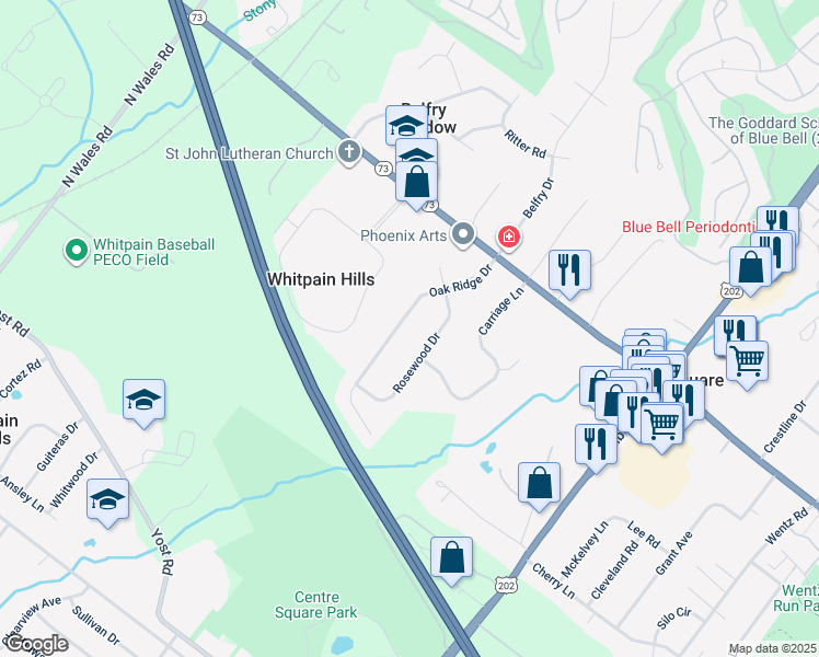 map of restaurants, bars, coffee shops, grocery stores, and more near 1040 Oak Ridge Drive in Blue Bell