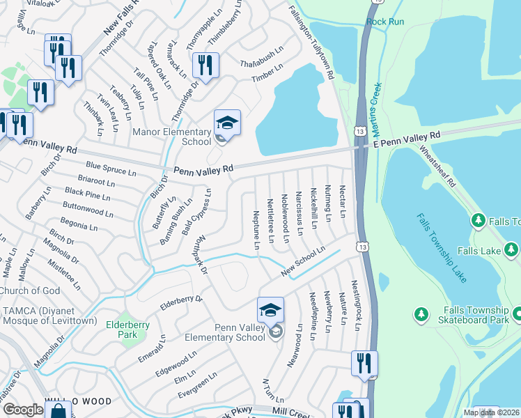 map of restaurants, bars, coffee shops, grocery stores, and more near 60 Neptune Lane in Levittown