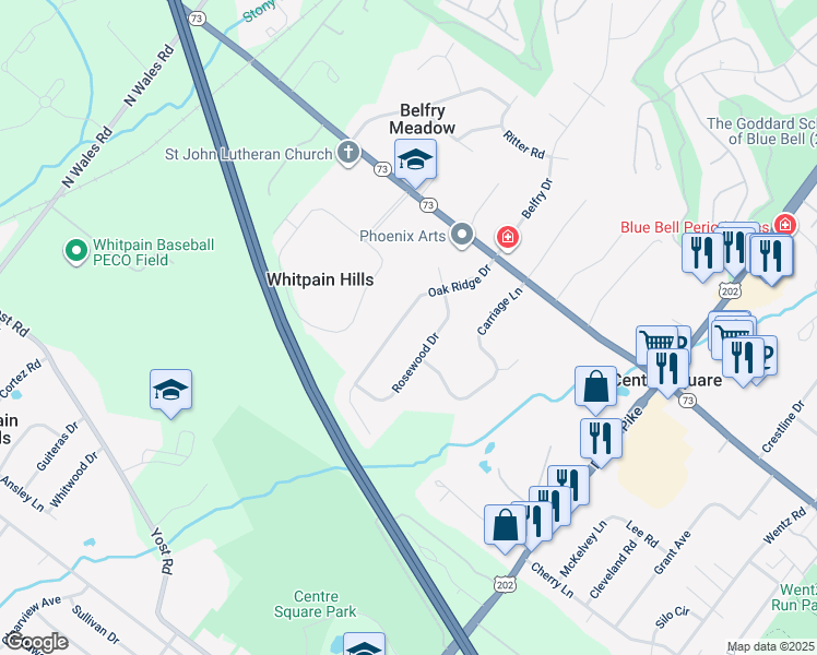 map of restaurants, bars, coffee shops, grocery stores, and more near 1040 Oak Ridge Drive in Blue Bell