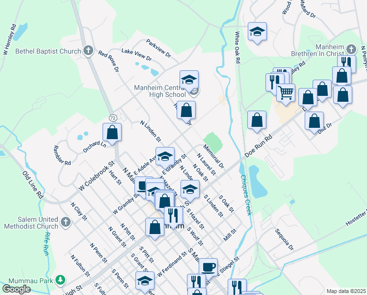 map of restaurants, bars, coffee shops, grocery stores, and more near 117 North Oak Street in Manheim