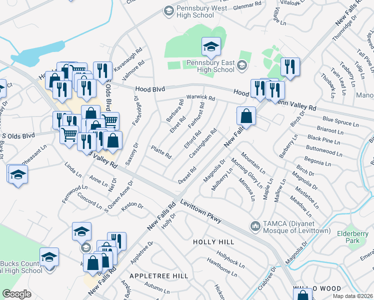 map of restaurants, bars, coffee shops, grocery stores, and more near 530 Elford Road in Fairless Hills