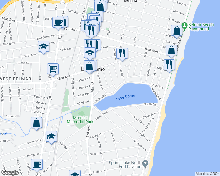 map of restaurants, bars, coffee shops, grocery stores, and more near 10 Ripley Lane in Belmar