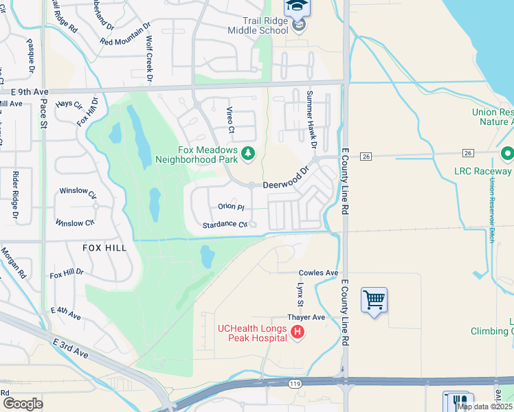 map of restaurants, bars, coffee shops, grocery stores, and more near 1718 Stardance Circle in Longmont