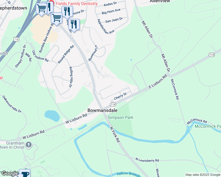 map of restaurants, bars, coffee shops, grocery stores, and more near 20 Hillcrest Drive in Mechanicsburg