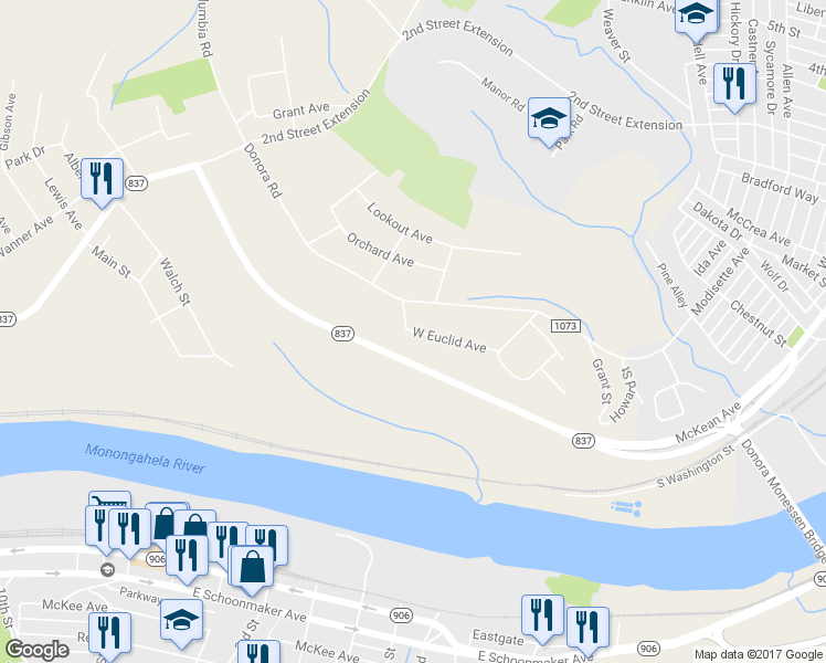 map of restaurants, bars, coffee shops, grocery stores, and more near 29 West Euclid Avenue in Monongahela