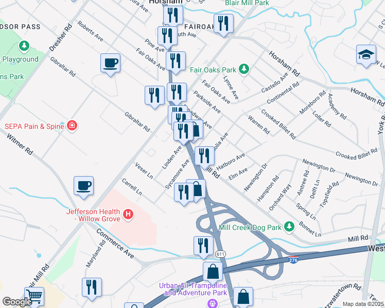 map of restaurants, bars, coffee shops, grocery stores, and more near Pennsylvania 611 in Willow Grove