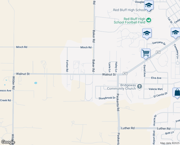 map of restaurants, bars, coffee shops, grocery stores, and more near 20860 Walnut Street in Red Bluff