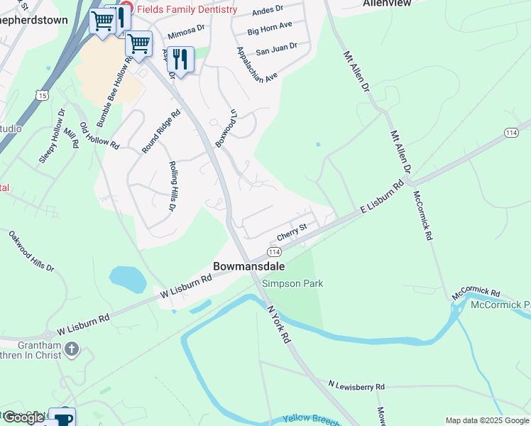 map of restaurants, bars, coffee shops, grocery stores, and more near 20 Hillcrest Drive in Mechanicsburg