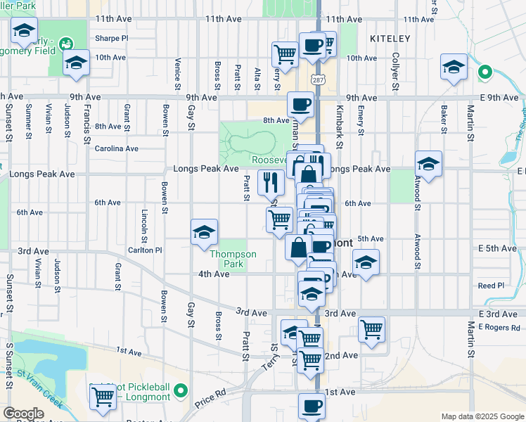 map of restaurants, bars, coffee shops, grocery stores, and more near 526 Pratt Street in Longmont