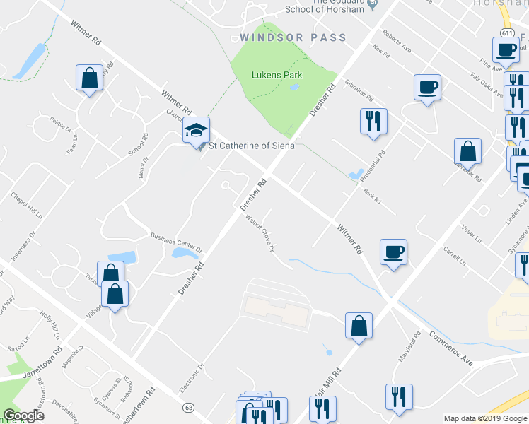 map of restaurants, bars, coffee shops, grocery stores, and more near 1 Walnut Grove Drive in Horsham
