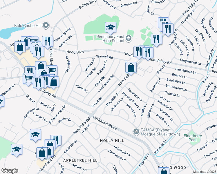 map of restaurants, bars, coffee shops, grocery stores, and more near 511 Drexel Road in Fairless Hills