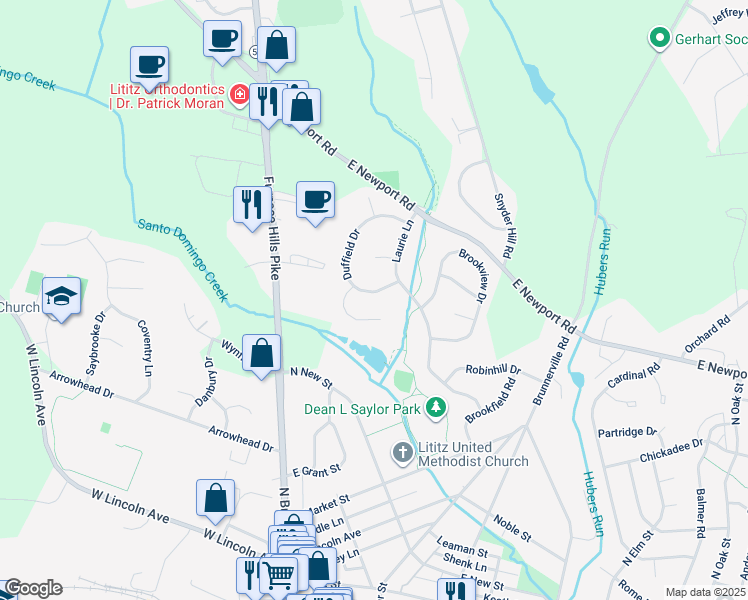 map of restaurants, bars, coffee shops, grocery stores, and more near 11 Duffield Drive in Lititz