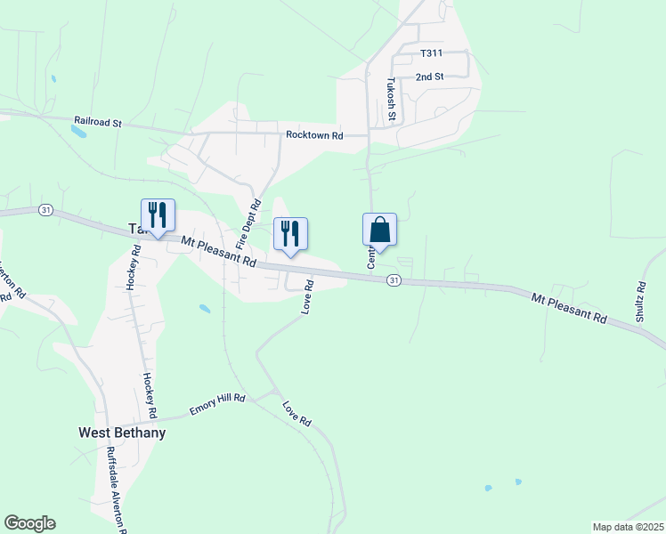 map of restaurants, bars, coffee shops, grocery stores, and more near 1081 Pennsylvania 31 in Tarrs