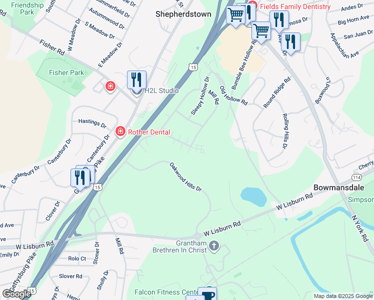 map of restaurants, bars, coffee shops, grocery stores, and more near 2164 Quail Hollow Drive in Mechanicsburg