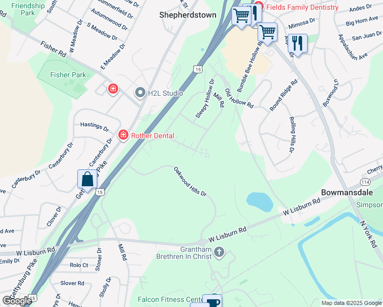map of restaurants, bars, coffee shops, grocery stores, and more near 2164 Quail Hollow Drive in Mechanicsburg