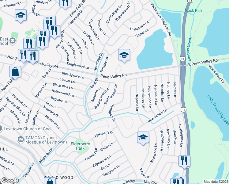 map of restaurants, bars, coffee shops, grocery stores, and more near 53 Bald Cypress Ln in Levittown
