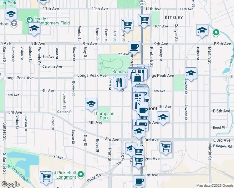 map of restaurants, bars, coffee shops, grocery stores, and more near 526 Pratt Street in Longmont