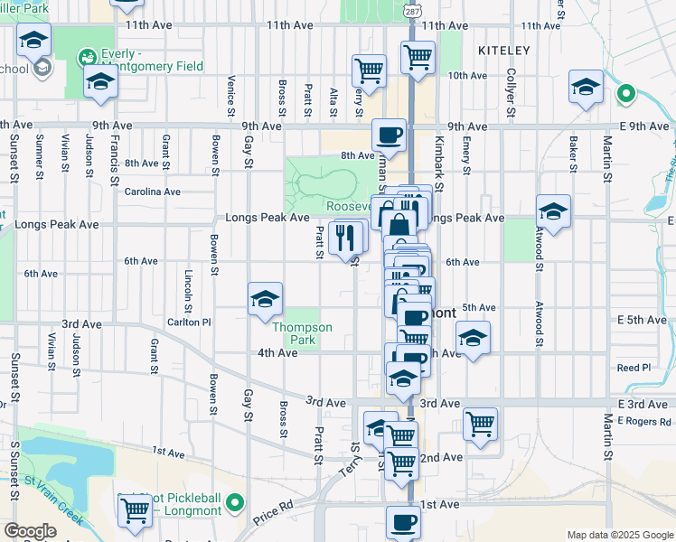 map of restaurants, bars, coffee shops, grocery stores, and more near 526 Pratt Street in Longmont