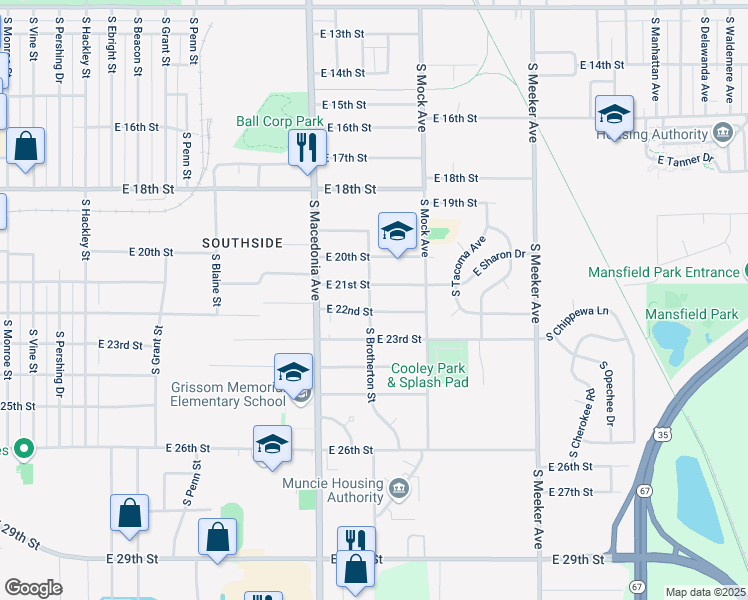 map of restaurants, bars, coffee shops, grocery stores, and more near 1812 East 22nd Street in Muncie