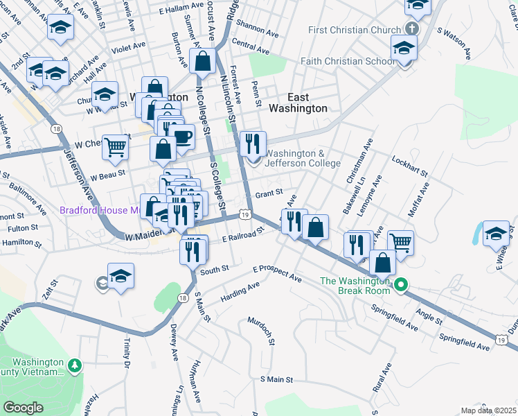 map of restaurants, bars, coffee shops, grocery stores, and more near 217 East Maiden Street in Washington