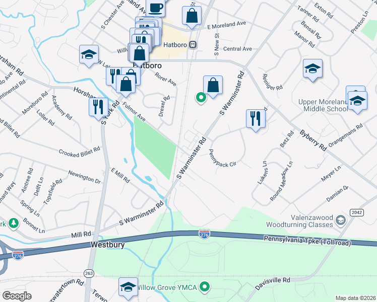 map of restaurants, bars, coffee shops, grocery stores, and more near 2 Nottingham Lane in Hatboro
