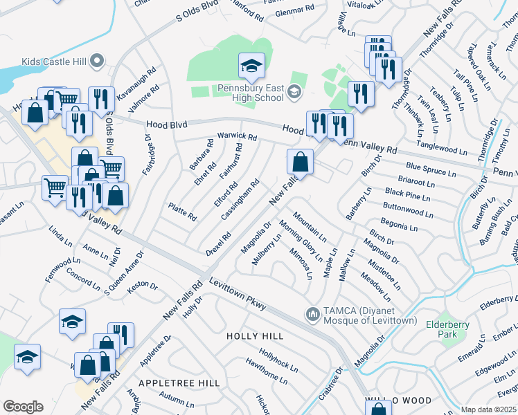 map of restaurants, bars, coffee shops, grocery stores, and more near 506 Drexel Road in Fairless Hills