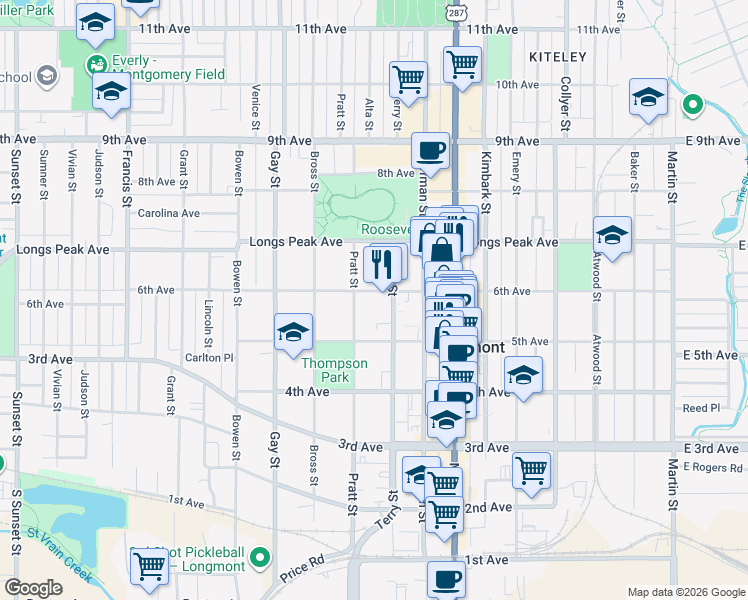 map of restaurants, bars, coffee shops, grocery stores, and more near 526 Pratt Street in Longmont