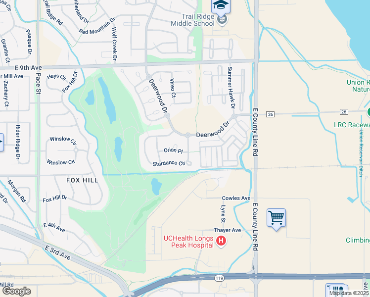 map of restaurants, bars, coffee shops, grocery stores, and more near 1718 Stardance Circle in Longmont