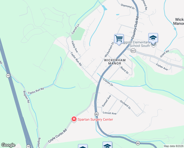 map of restaurants, bars, coffee shops, grocery stores, and more near 116 Taylor Run Road in Monongahela