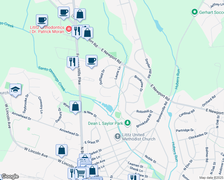 map of restaurants, bars, coffee shops, grocery stores, and more near 7 Duffield Drive in Lititz