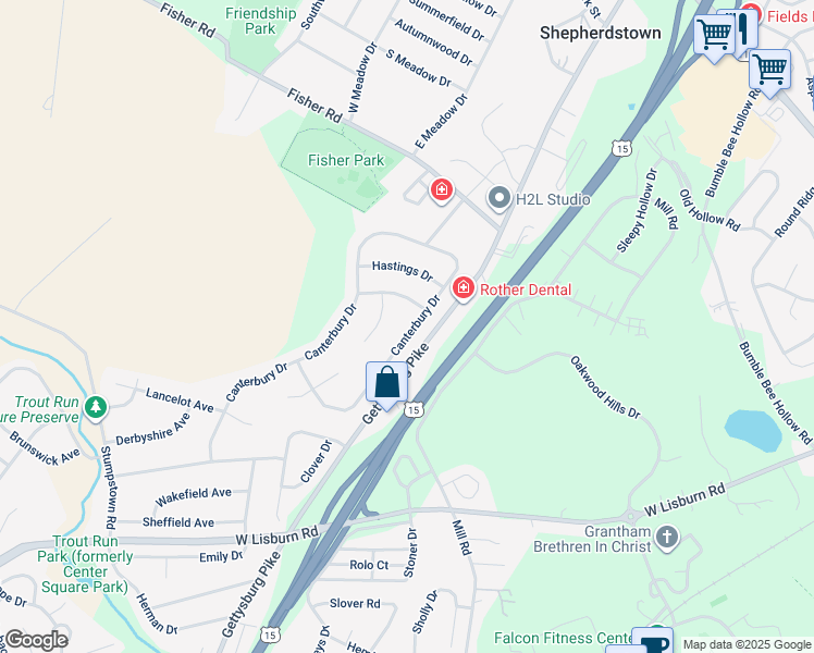 map of restaurants, bars, coffee shops, grocery stores, and more near 2173 Canterbury Drive in Mechanicsburg