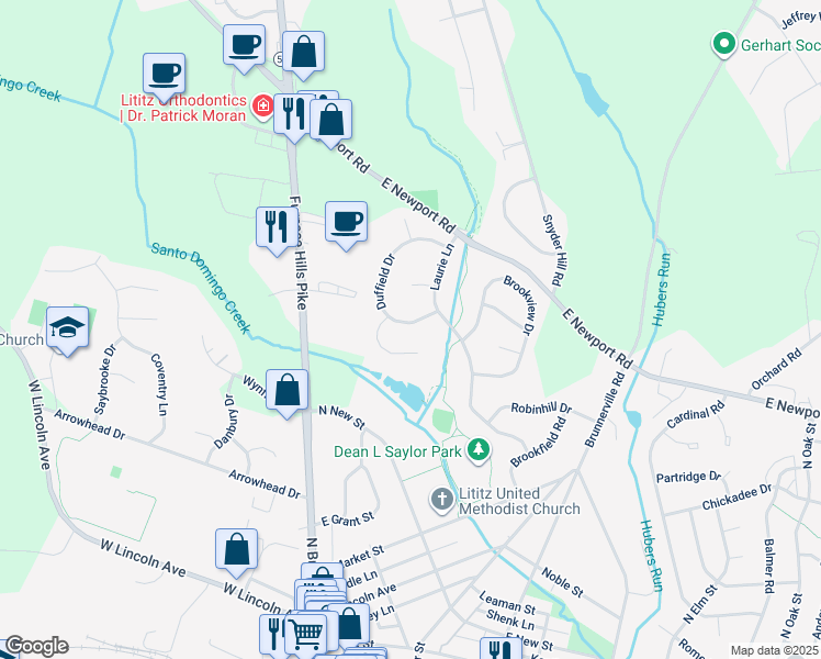 map of restaurants, bars, coffee shops, grocery stores, and more near 11 Duffield Drive in Lititz