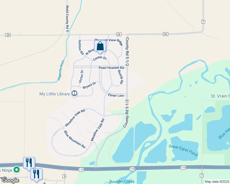 map of restaurants, bars, coffee shops, grocery stores, and more near 2669 Elmer Linn in Longmont