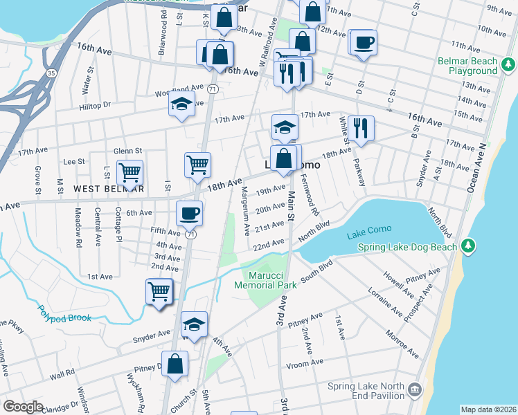map of restaurants, bars, coffee shops, grocery stores, and more near 732 20th Avenue in Belmar