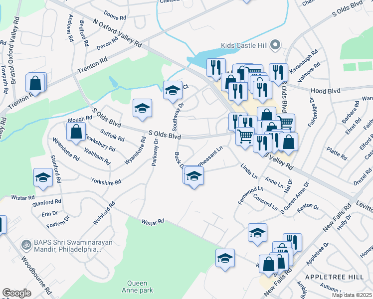 map of restaurants, bars, coffee shops, grocery stores, and more near 104 Raleigh Way in Fairless Hills
