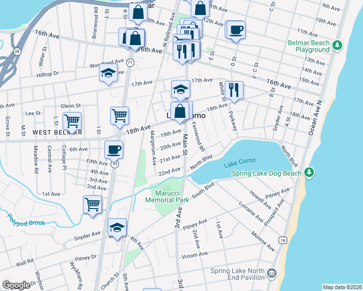 map of restaurants, bars, coffee shops, grocery stores, and more near 2007 Main Street in Belmar