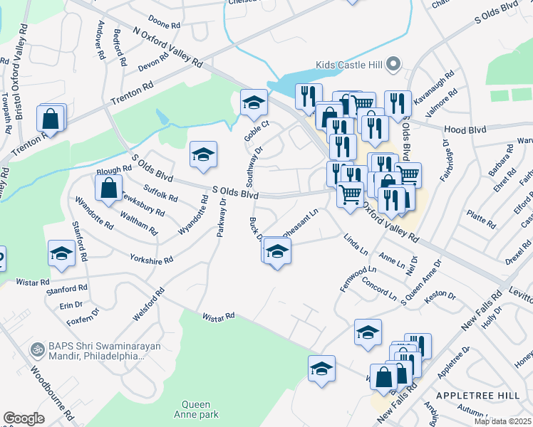 map of restaurants, bars, coffee shops, grocery stores, and more near 104 Raleigh Way in Fairless Hills
