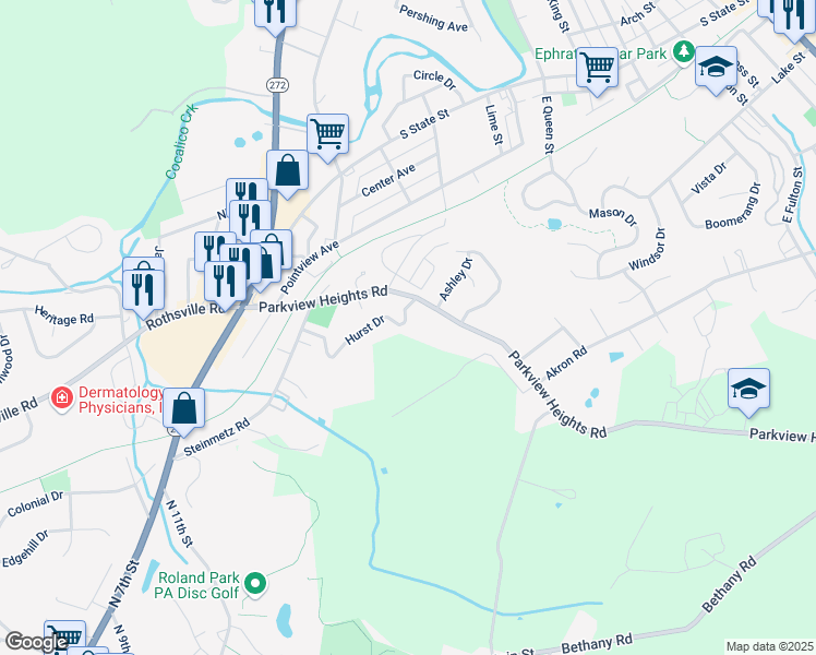 map of restaurants, bars, coffee shops, grocery stores, and more near 185 Hurst Drive in Ephrata