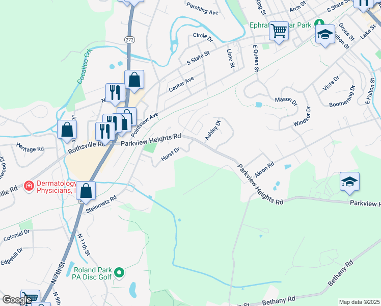 map of restaurants, bars, coffee shops, grocery stores, and more near 185 Hurst Dr in Ephrata