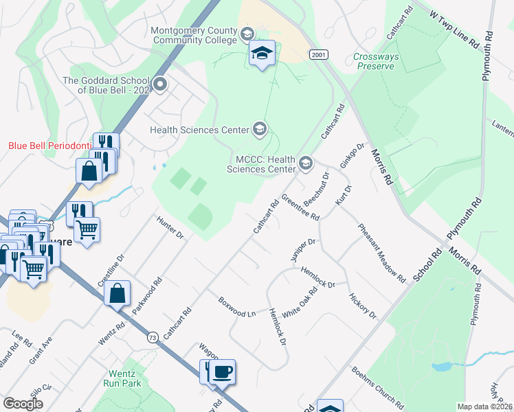 map of restaurants, bars, coffee shops, grocery stores, and more near 613 Cathcart Road in Blue Bell