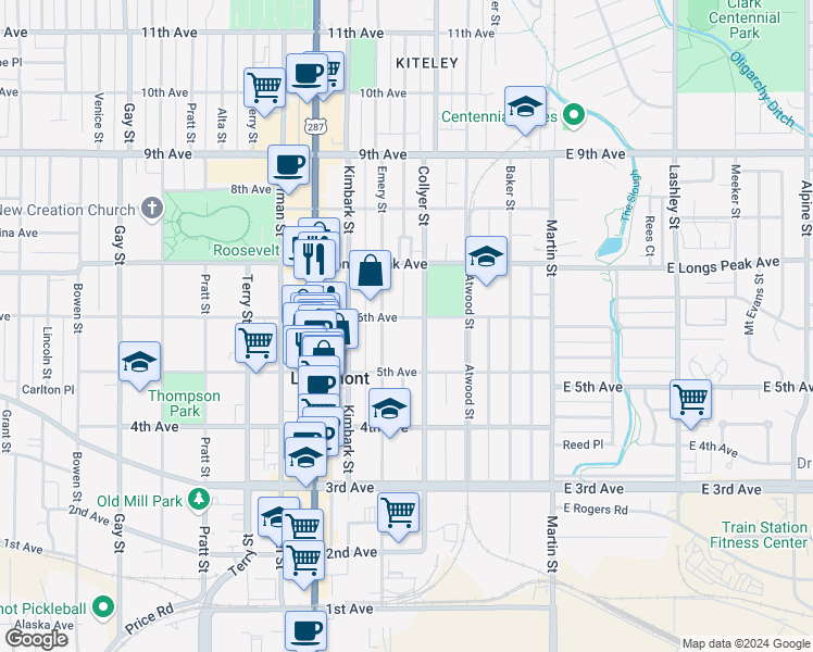 map of restaurants, bars, coffee shops, grocery stores, and more near 327 6th Avenue in Longmont