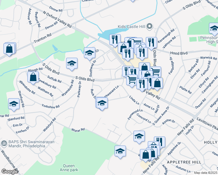 map of restaurants, bars, coffee shops, grocery stores, and more near 214 Durham Court in Fairless Hills