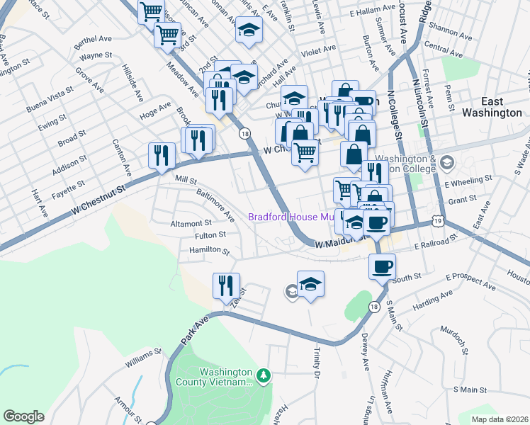 map of restaurants, bars, coffee shops, grocery stores, and more near 201 West Wheeling Street in Washington