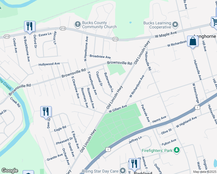 map of restaurants, bars, coffee shops, grocery stores, and more near 224 Butterworth Lane in Langhorne