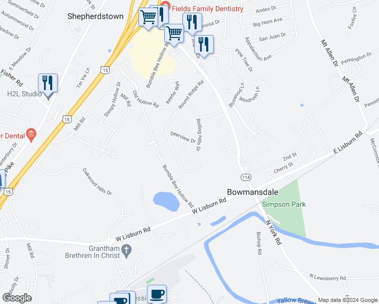map of restaurants, bars, coffee shops, grocery stores, and more near 5 Hilltop Circle in Mechanicsburg