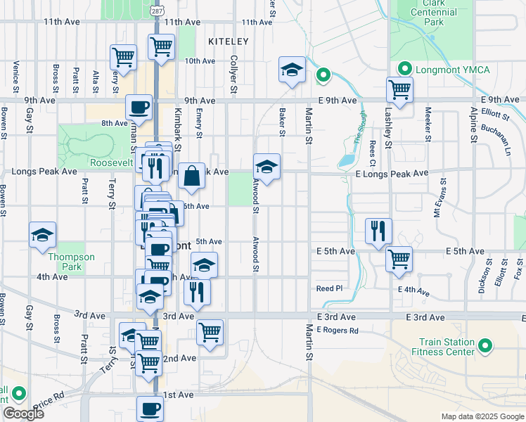 map of restaurants, bars, coffee shops, grocery stores, and more near 532 Atwood Street in Longmont