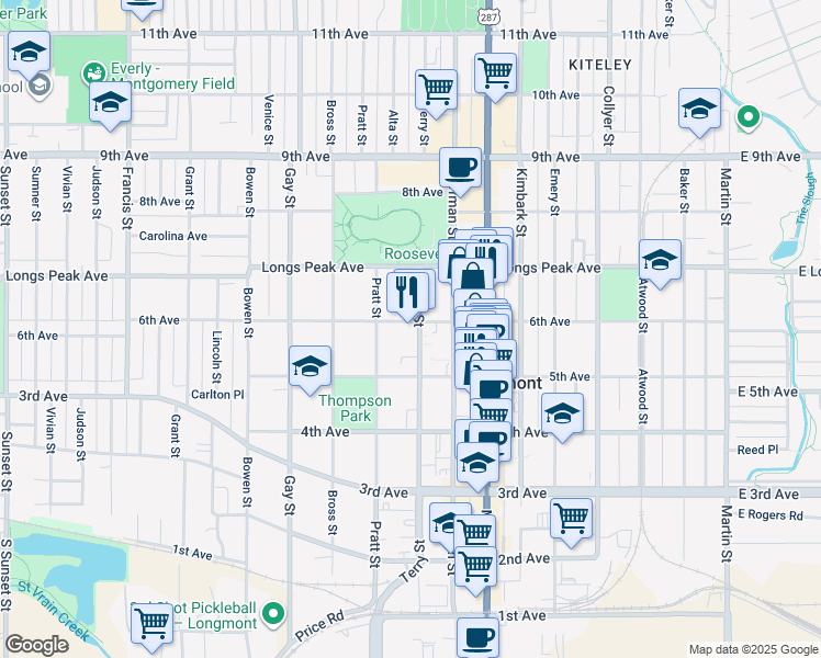 map of restaurants, bars, coffee shops, grocery stores, and more near 526 Terry Street in Longmont